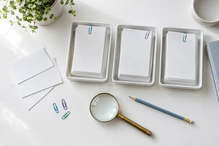 Fiches blanches triées dans trois bacs avec trombones colorés et loupe sur bureau clair