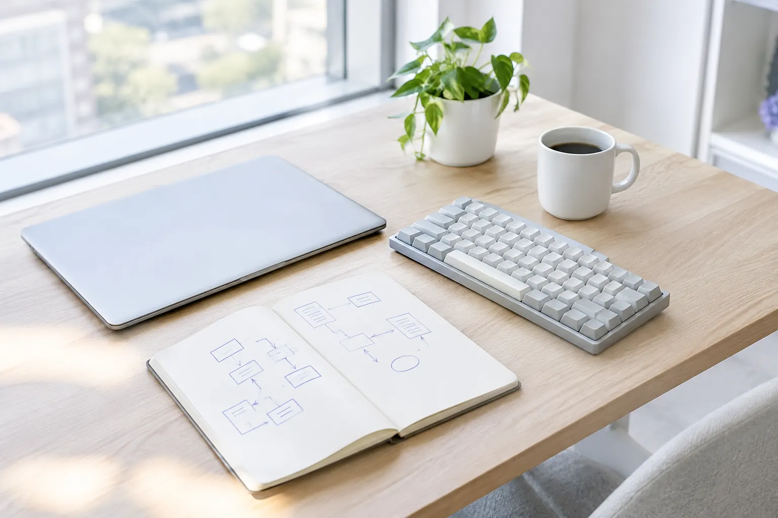 Bureau de développeur lumineux avec clavier, carnet de schémas et ordinateur fermé